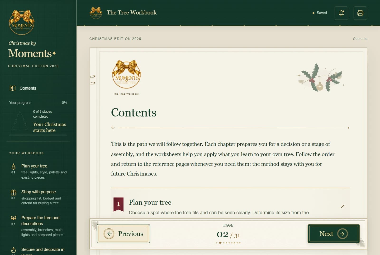 The Moments Christmas tree workbook, showing the actual reader in English