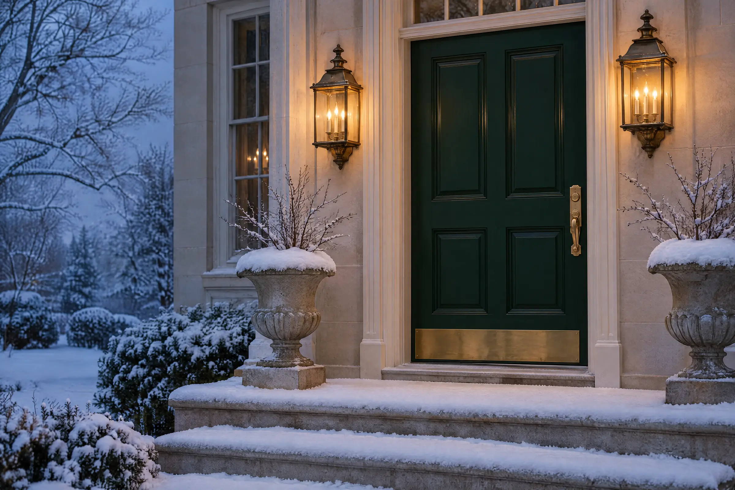 A dark green front door between two brass lanterns on a snowy evening